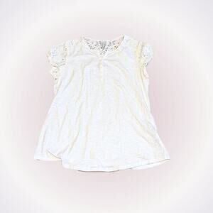 Sahalie White Lace Sleeve Floral Henley Slub Knit Top Solid | Sz L